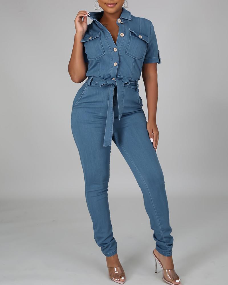 

Buttoned Pocket Design Skinny Denim Jumpsuit With Belt, Lighted blue