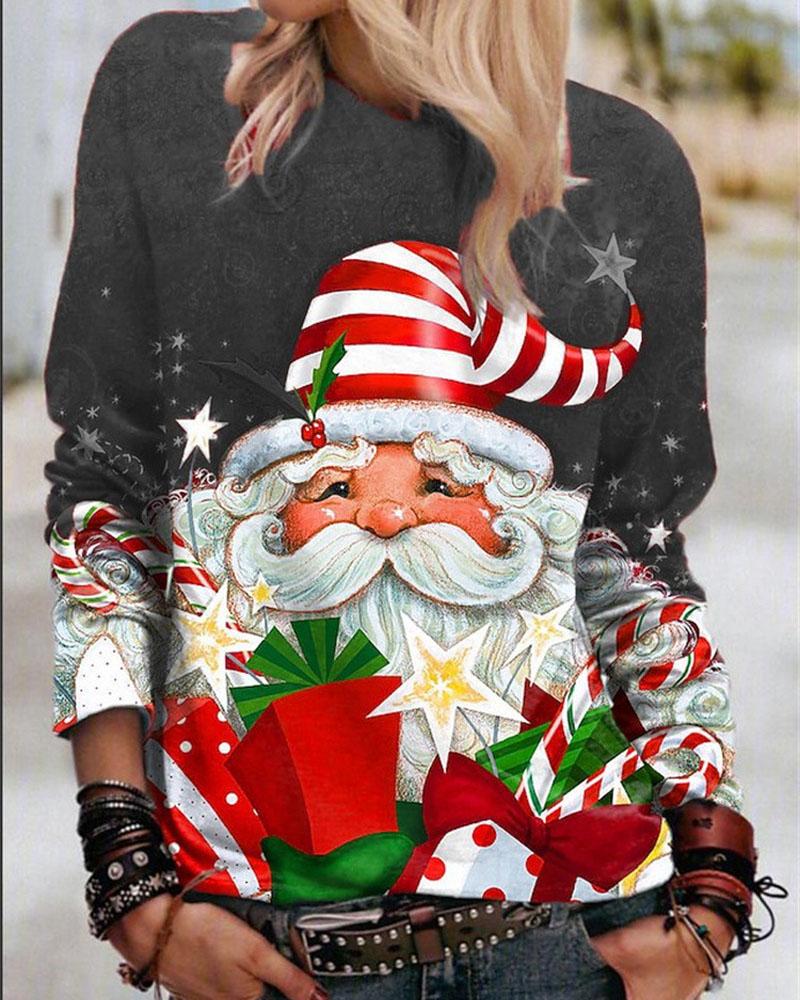 

Christmas Santa Claus Print Long Sleeve Top, Black
