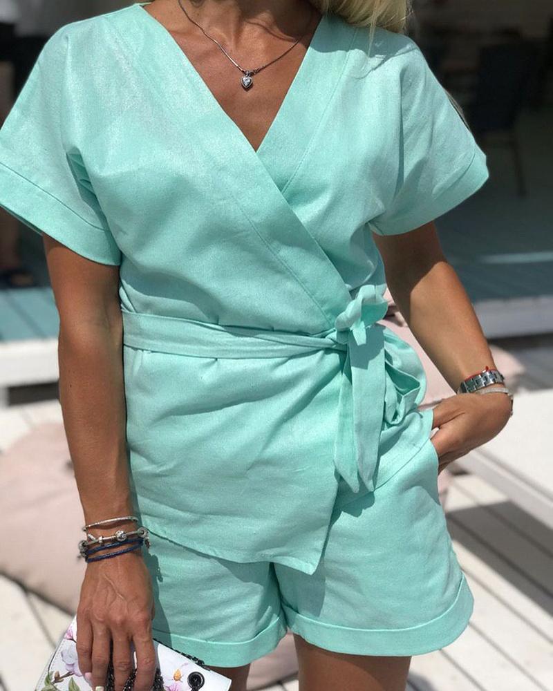 

V-Neck Short Sleeve Top & Pocket Design Shorts Set, Blue