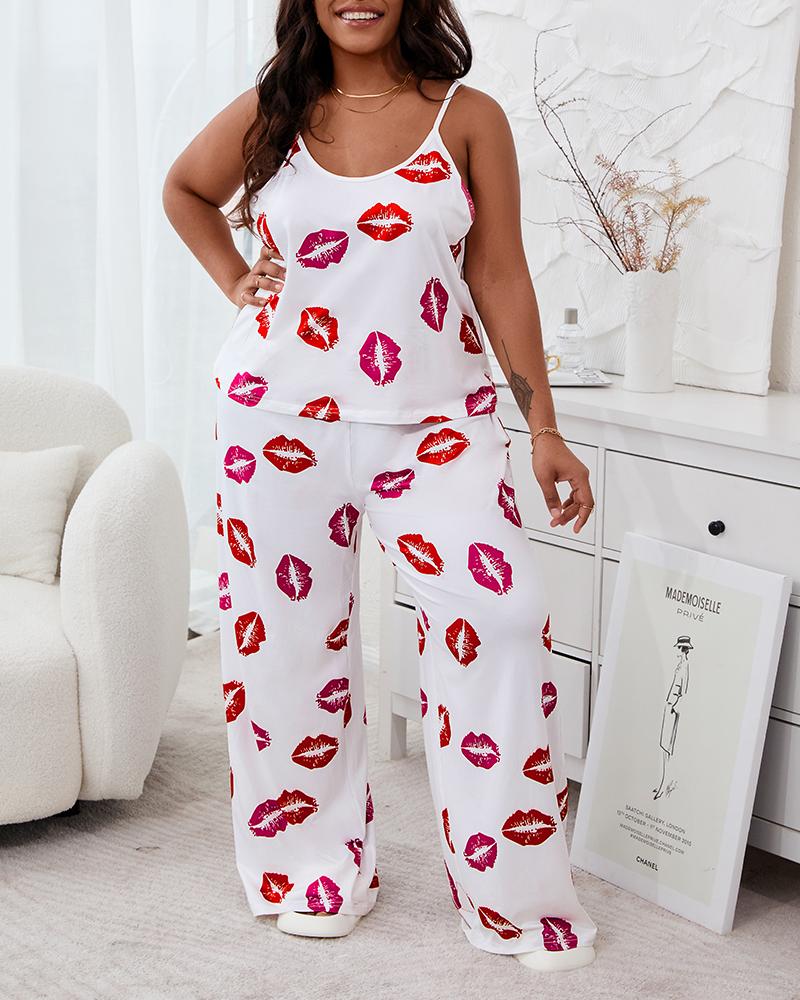 

Plus Size Lip Print Spaghetti Strap Wide Leg Cami Set, White