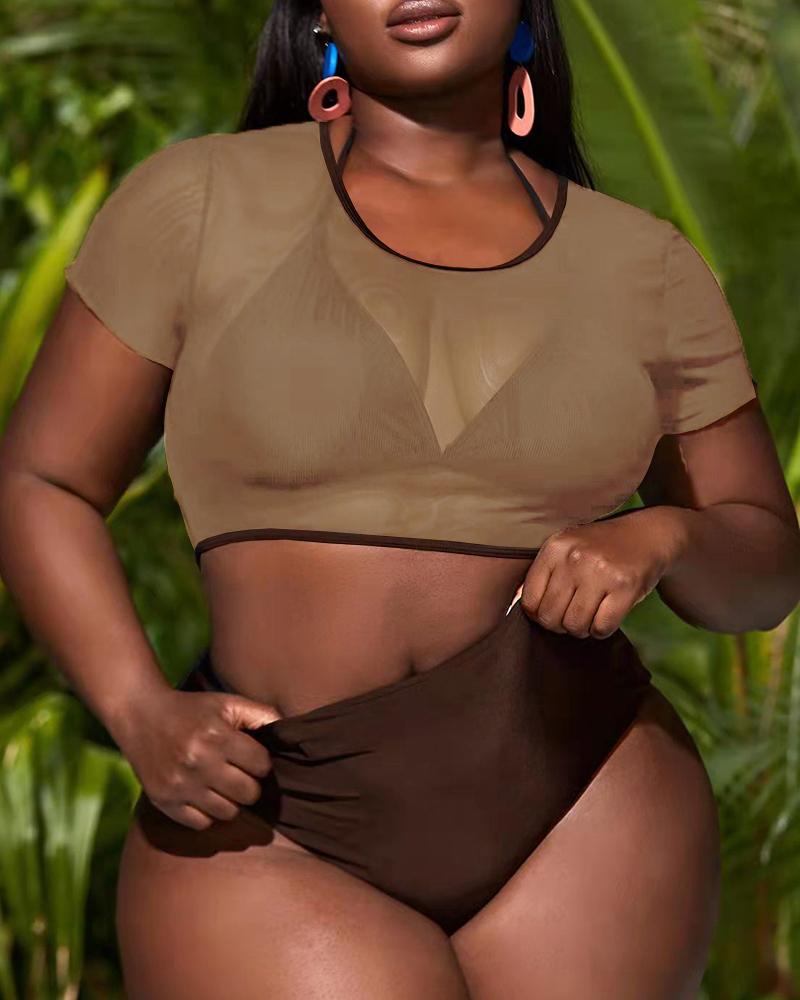 

3PCS Plus Size Halter Bikini Set With Cover Up Top, Coffee