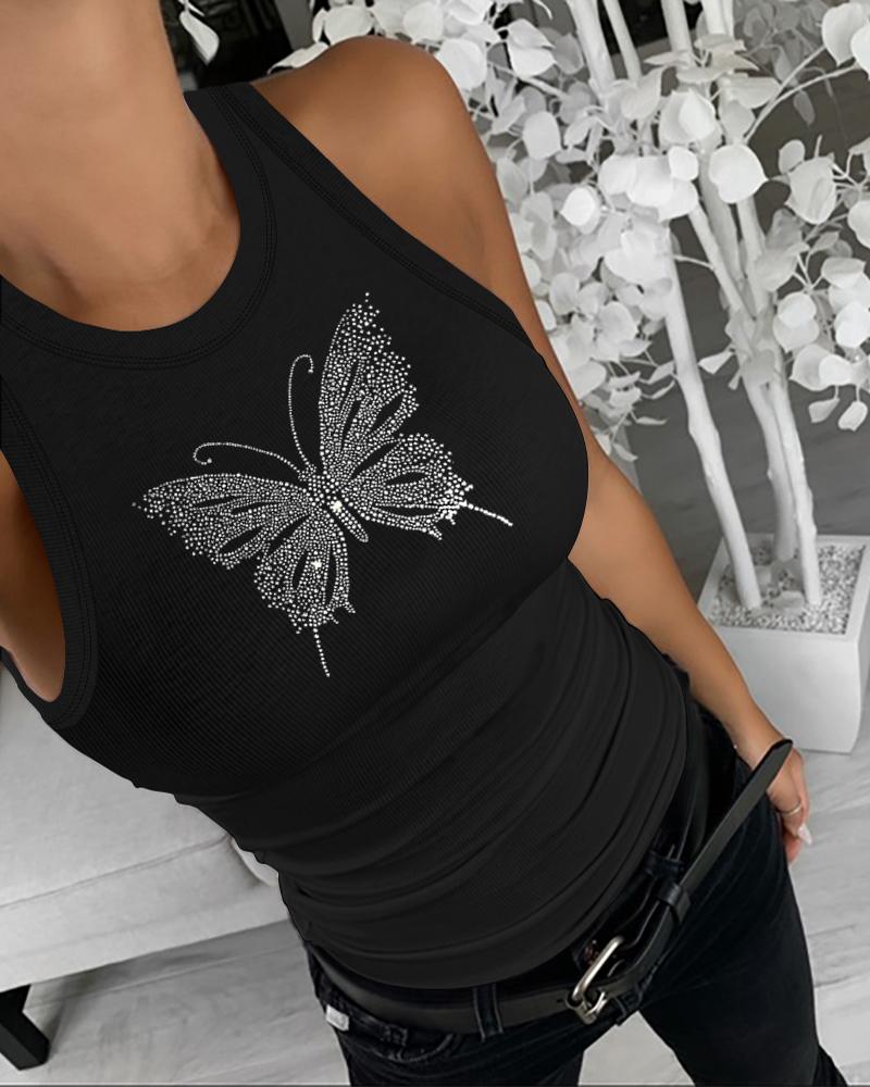 

Camiseta sin mangas con estampado de mariposas y diamantes de imitación, Black