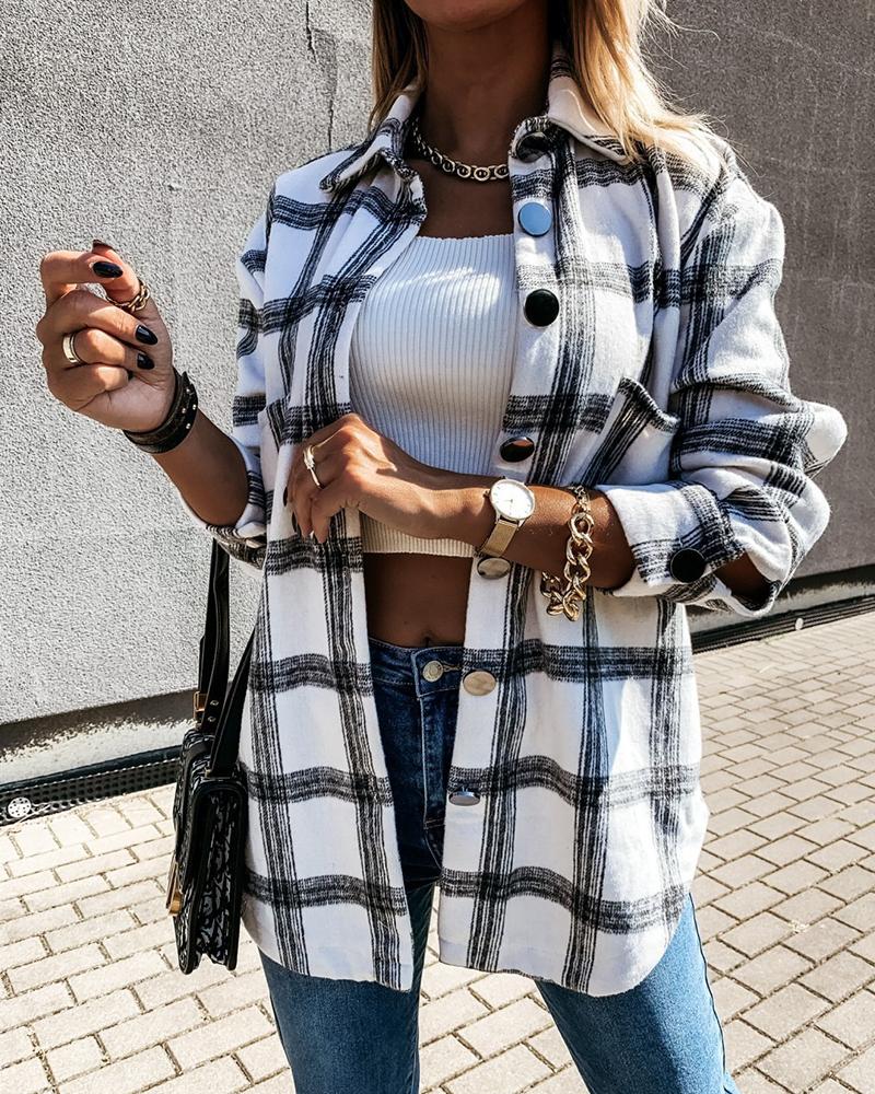 

Plaid Print Long Sleeve Buttoned Shacket, White