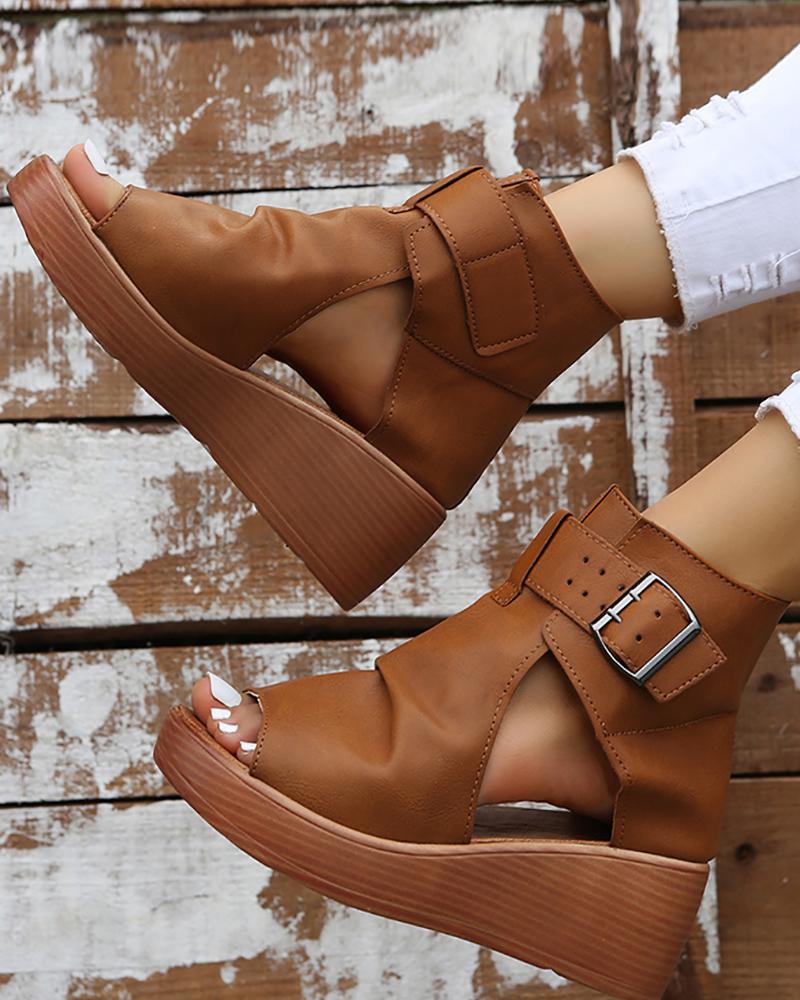 

Cutout Peep Toe Buckled Wedge Sandals, Brown