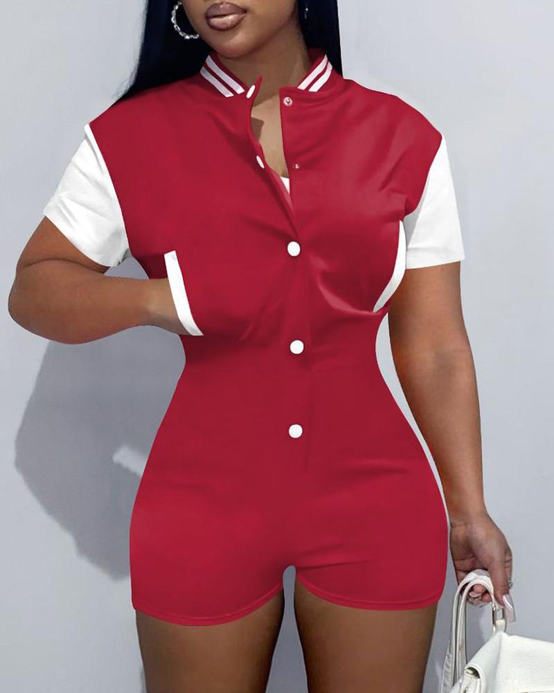 

Baseball Collar Pocket Design Colorblock Romper, Red