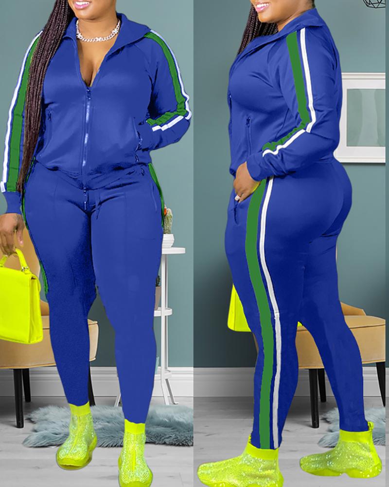 

Striped Colorblock Zip Top & Drawstring Pants Sets, Blue