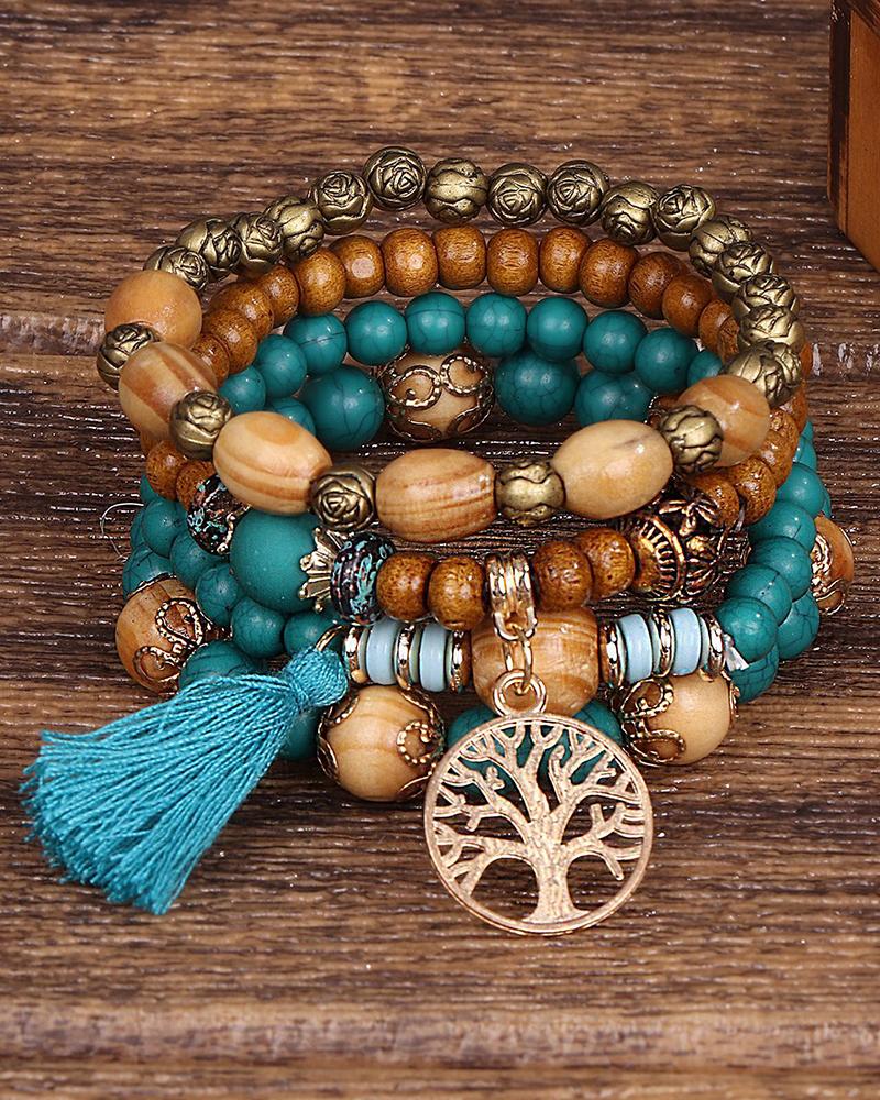 

1pc Hollow Out Plants Beaded Bohemian Multi-layer Bracelet, Blue