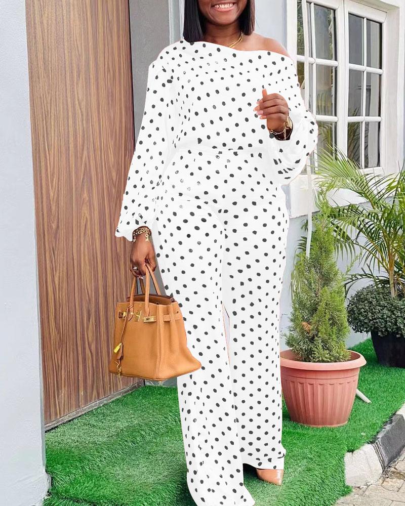 

Polka Dot Print Lantern Sleeve Top & Pants Set, White