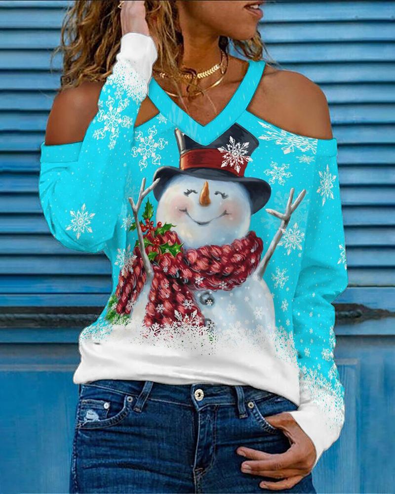 

Christmas Cold Shoulder Snowflake Snowman Print Top, Lighted blue