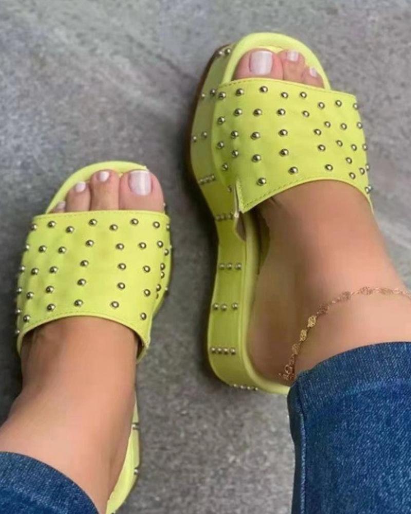 

Studded Square Toe Platform Slippers, Yellow