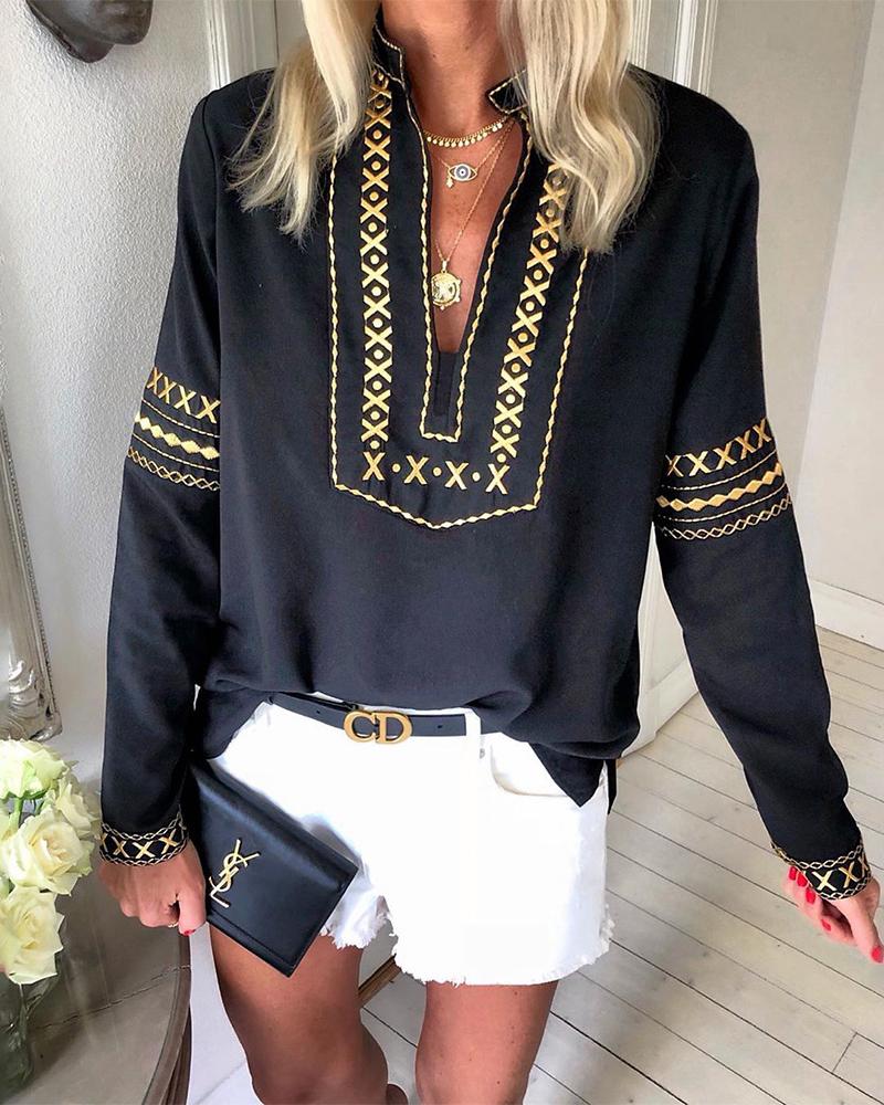 

Ethnic Style Long Sleeve V-neck Top, Black