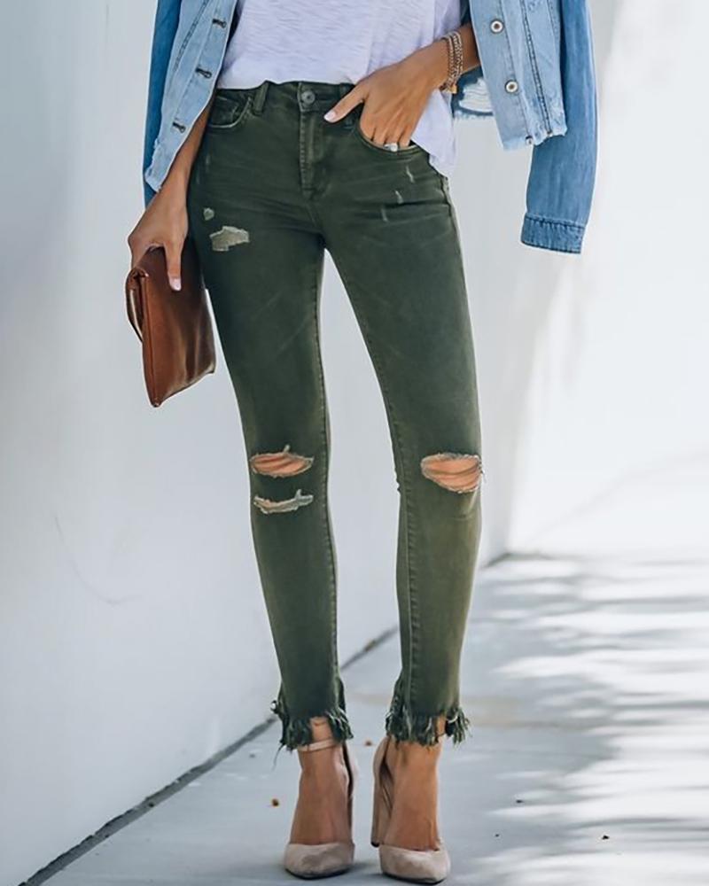 

Cutout Ripped Fringe Hem Pocket Design Jeans, Dark green