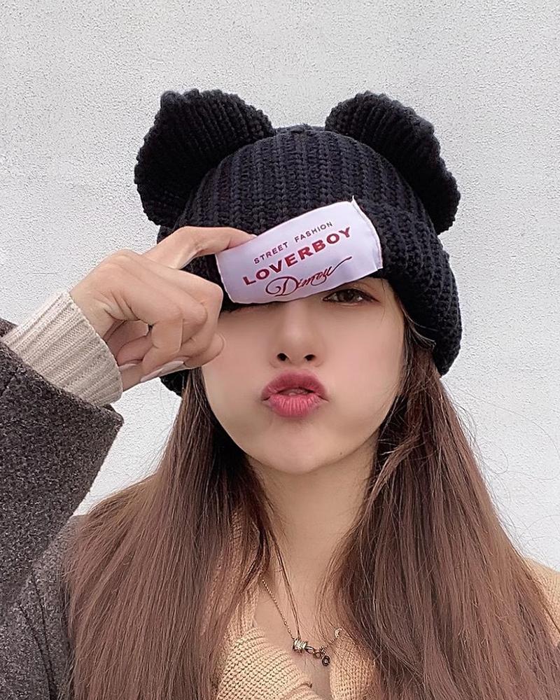 

Label Decor 3D Ear Design Cuffed Beanie, Black