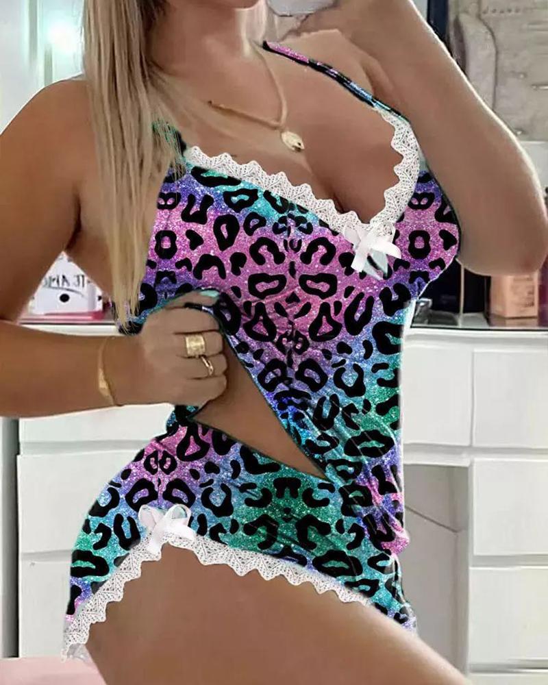 

Leopard Print Ombre Lace Trim Cami Set, Multicolor