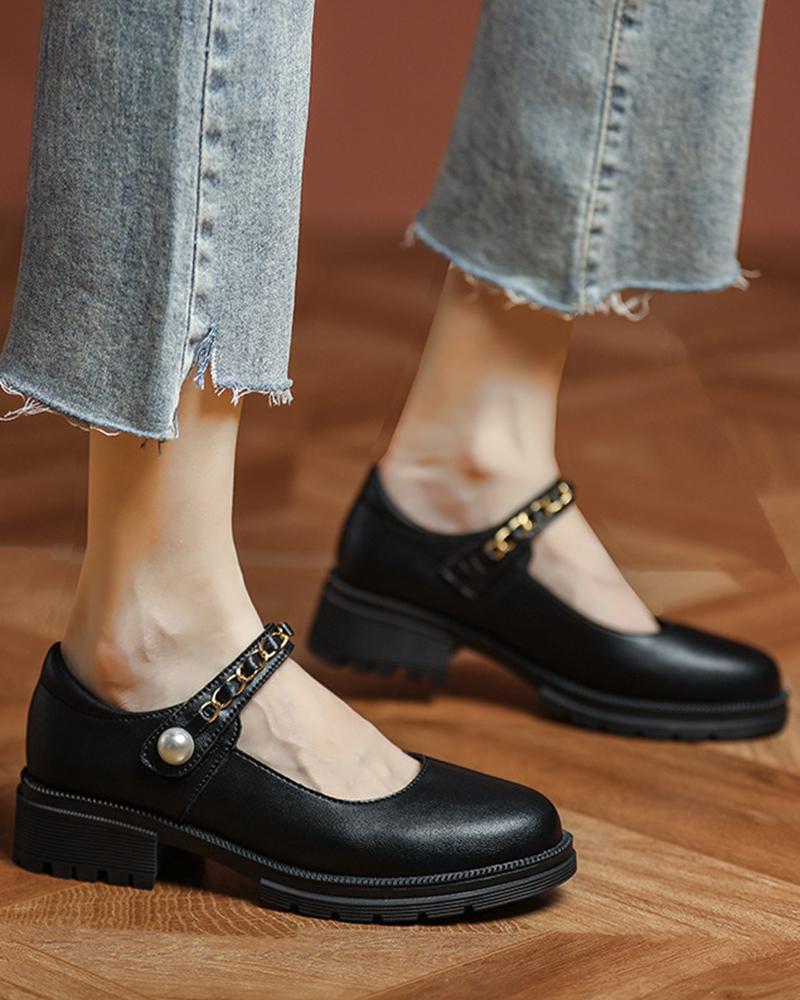 

Round-toe Solid Color Splicing Chain Strap Jenny Shoes, Black