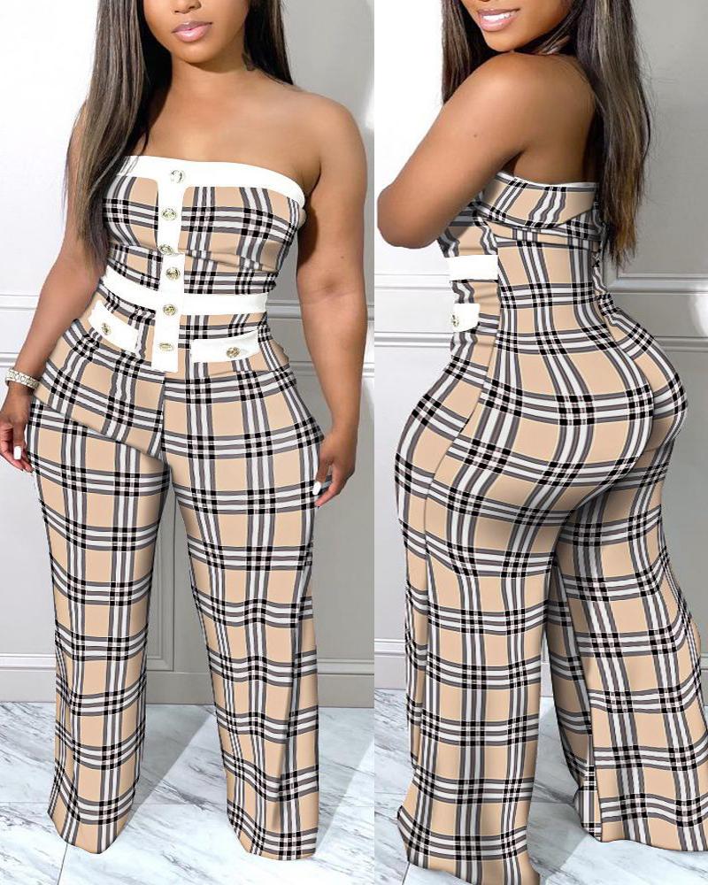 

Plus Size Plaid Print Bandeau Wide Leg Jumpsuit, Khaki