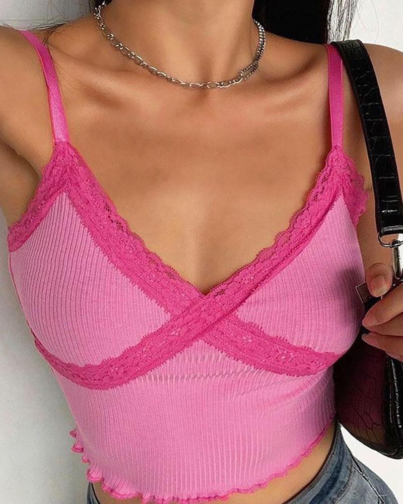 

Crochet Lace Frill Hem Sleeveless Crop Top, Pink