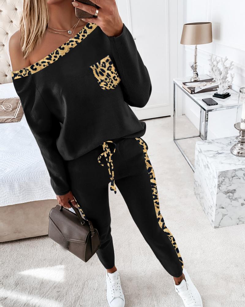 

Conjunto de 2 peças de calças com estampa de leopardo e strass, blusa de manga comprida com ombros de fora e calças justas com cordão, Black