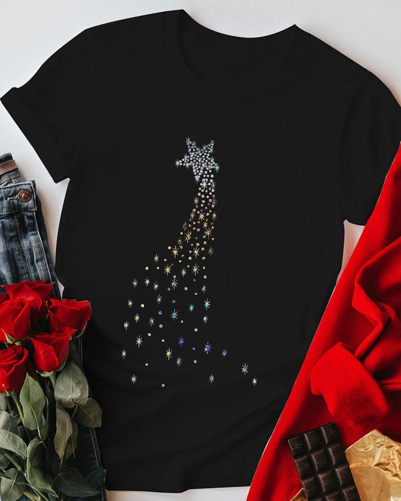 

O-Neck Rhinestone Decor Star Pattern Top, Black