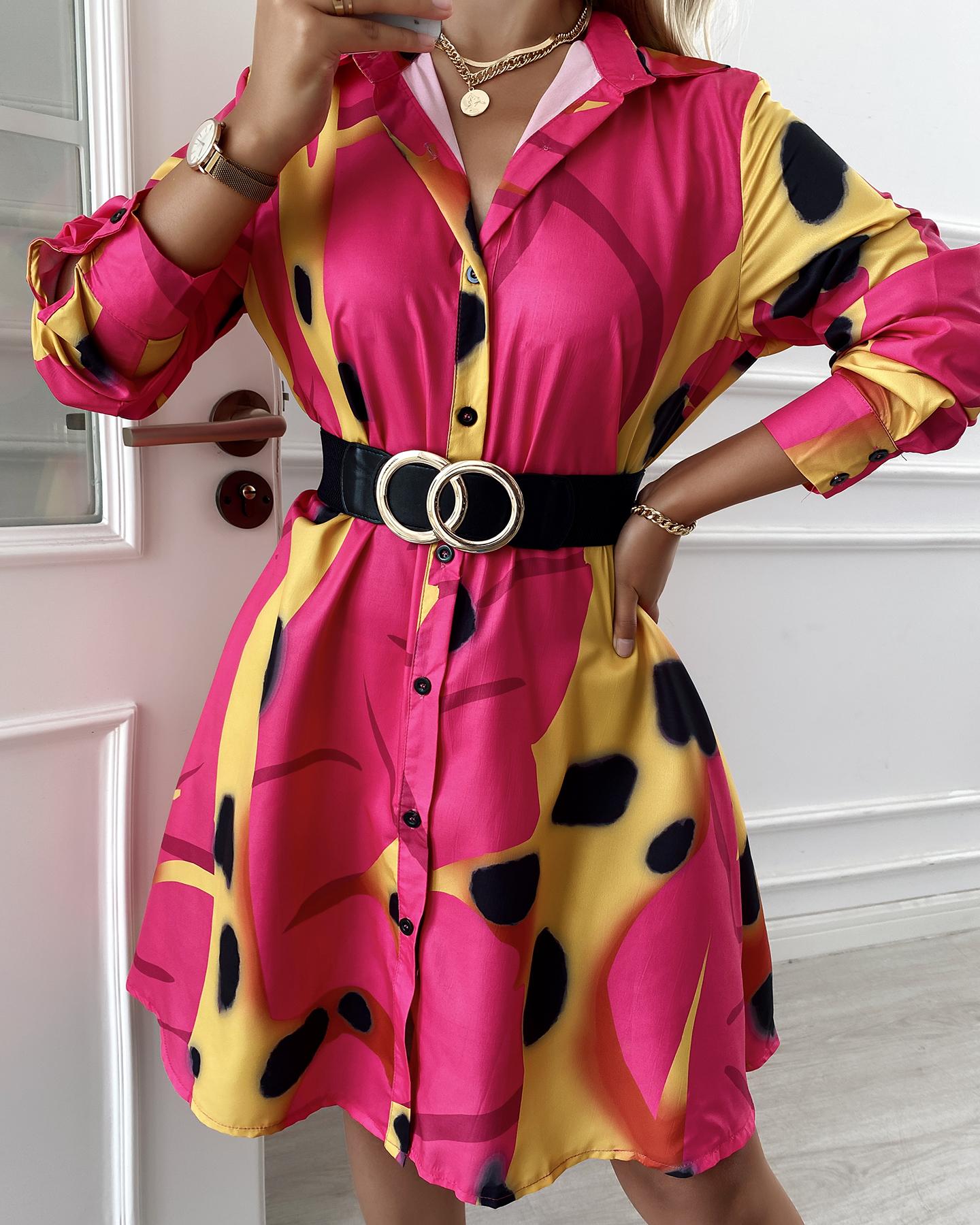 

All Over Print Long Sleeve Buttoned Shirt Dress, Hot pink