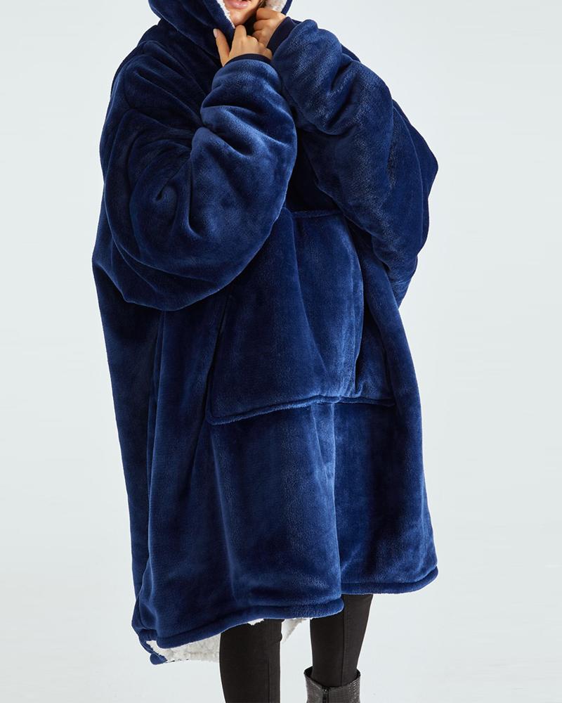 

Warm Fleece Lined Fluffy Oversized Wearable Blanket Hoodie, Purplish blue