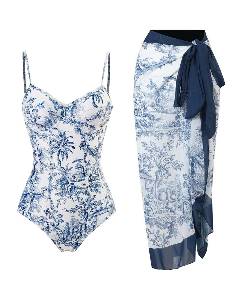 

Landscape Plants Print One-Piece Swimsuit With Cover Up, Purplish blue