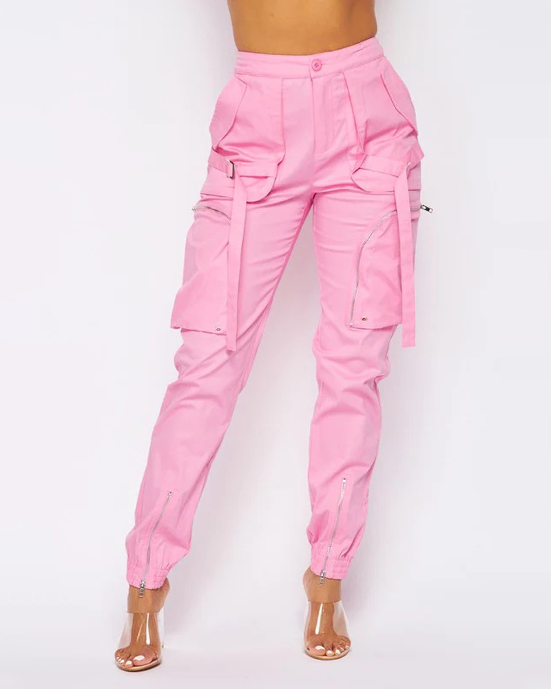 

Zipper Design Buckled Cargo Pants, Pink
