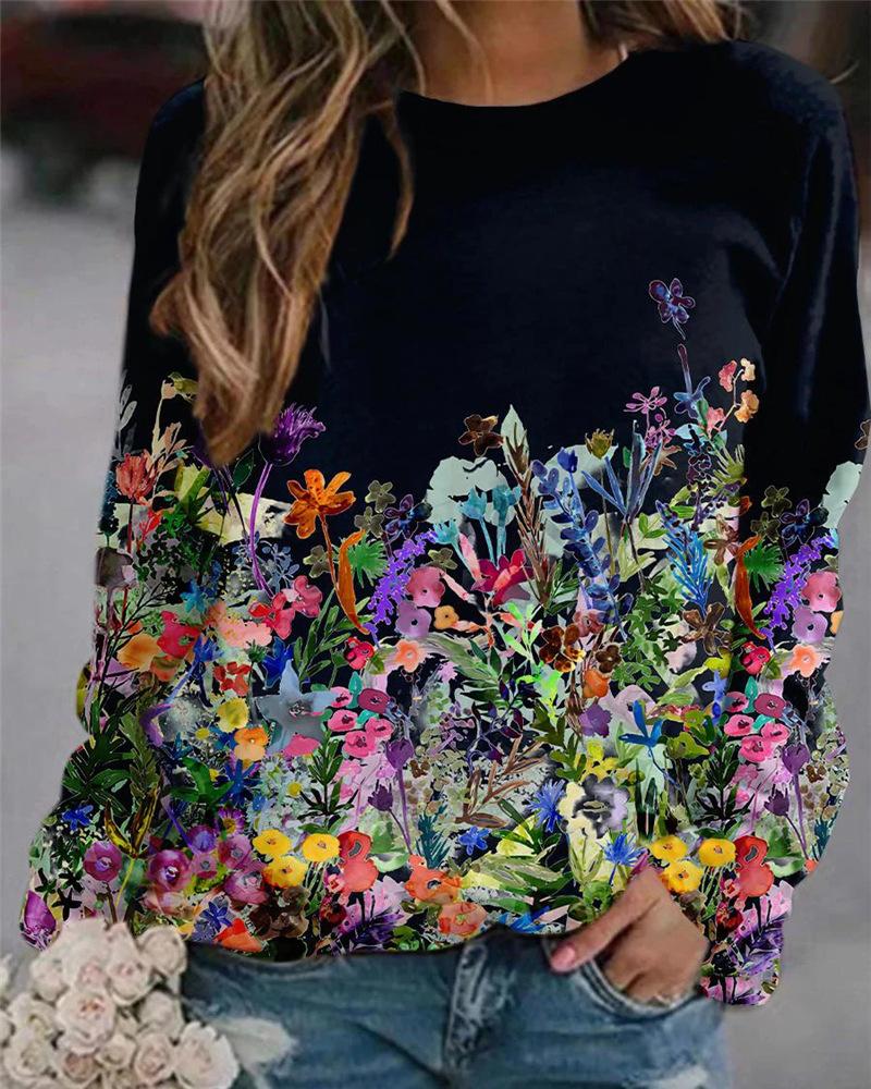 

Floral Print Long Sleeve Casual Sweatshirt, Black