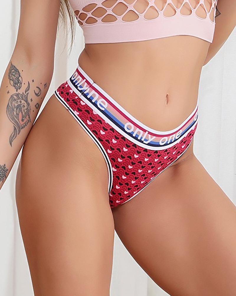 

Heart Print Letter Striped Trim Thong Panty, Red