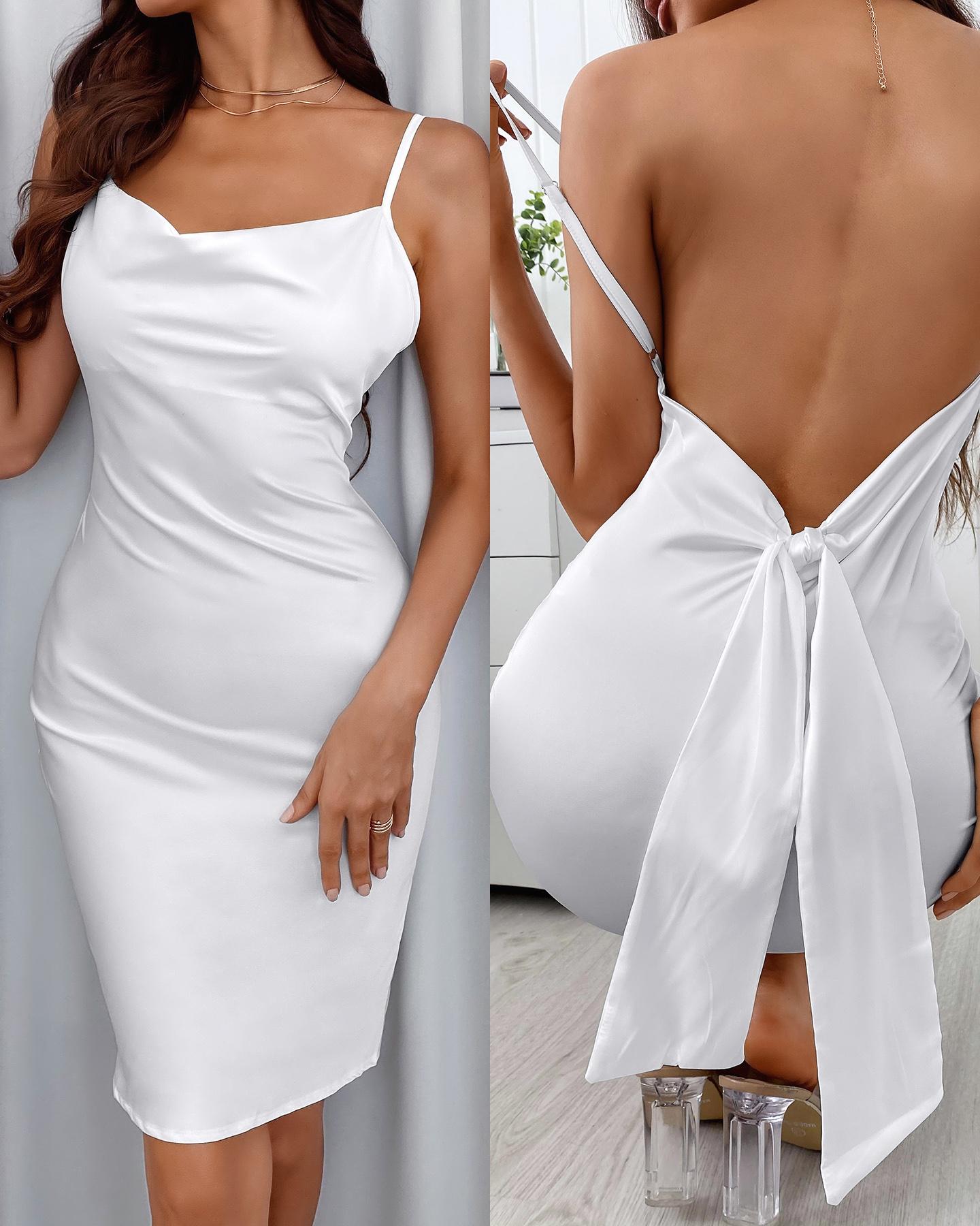 

Spaghetti Strap Cowl Neck Backless Knotted Design Midi Dress, White