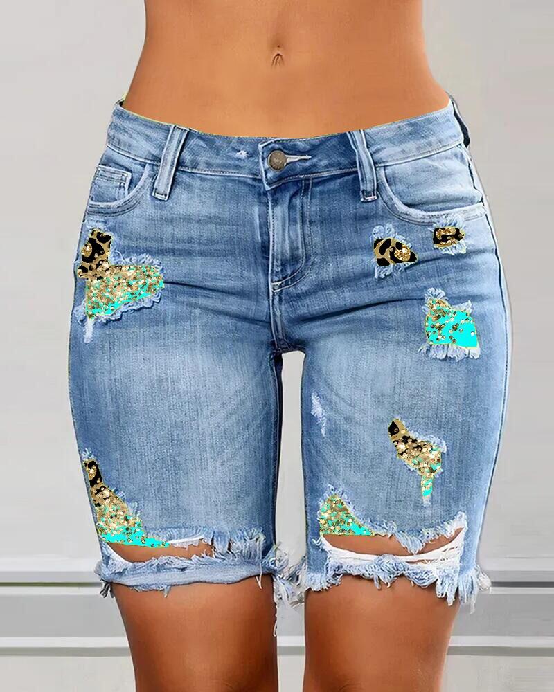 

Contrast Leopard Print Ripped Patchwork Raw Hem Denim Shorts, Blue