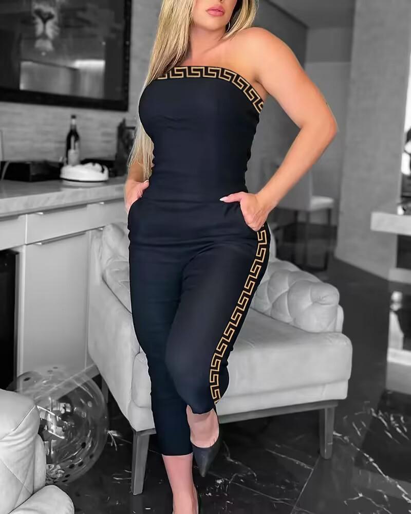 

Geometric Print Bandeau Pocket Design Jumpsuit, Black