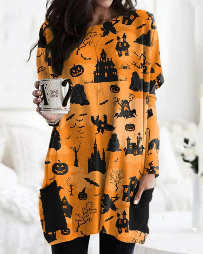 

Halloween Pumpkin Graphic Print Pocket Detail Long Sleeve Dress, Style1