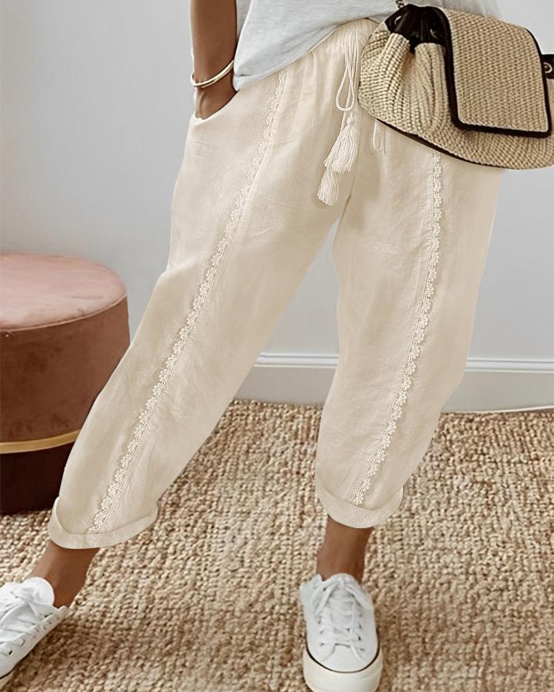 

Lace Patch Pocket Tassel Design Pants, Apricot