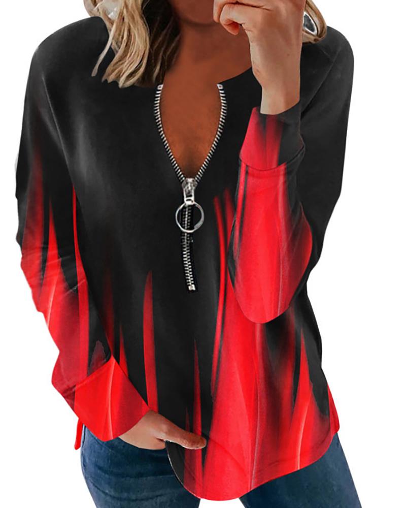 

Colorblock Zipper Design Long Sleeve Top, Red