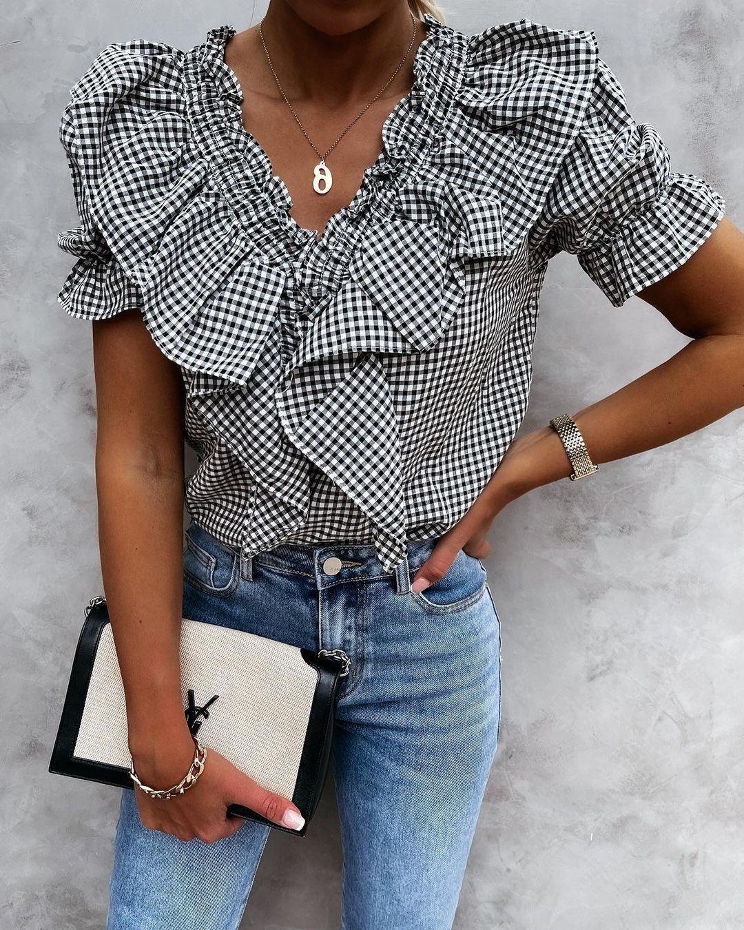 

Plaid Print Puff Sleeve Ruffles Frill Hem Blouse, Black