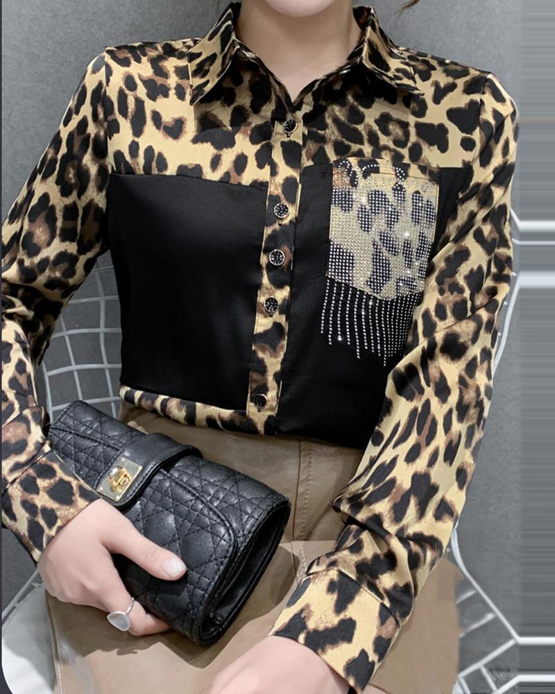 

Leopard Print Rhinestone Button Up Top, Black