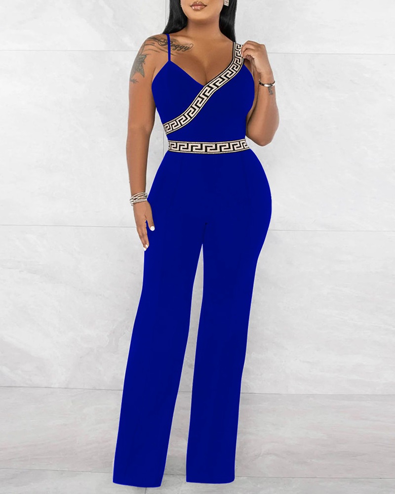 

Geometric Print Asymmetrical Neck Jumpsuit, Blue