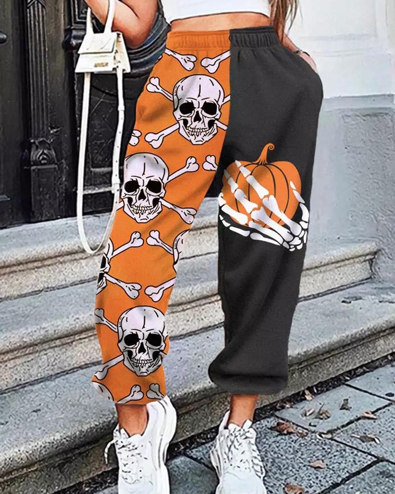 

Halloween Skull Skeleton Hands Pumpkin Print Colorblock Cuffed Pants, Black