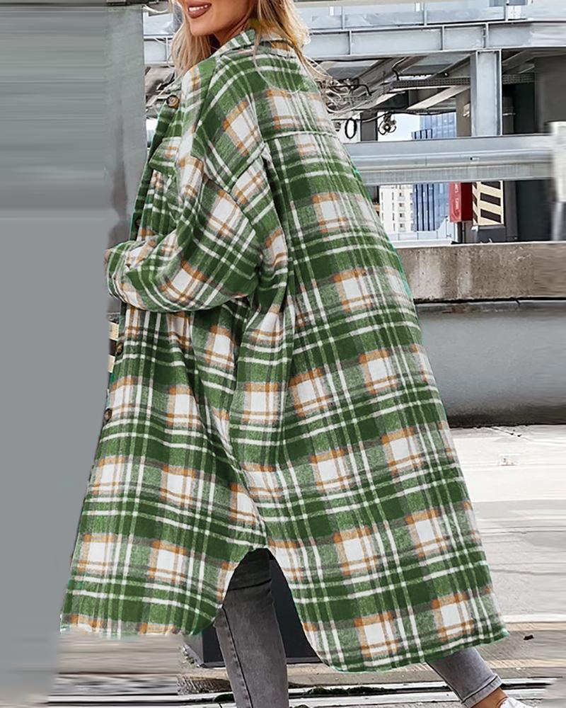 

Plaid Print Slit Long Sleeve Shacket, Green