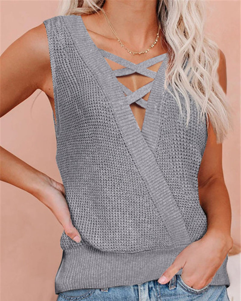 

Criss Cross V-Neck Waffle Knit Tank Top, Gray