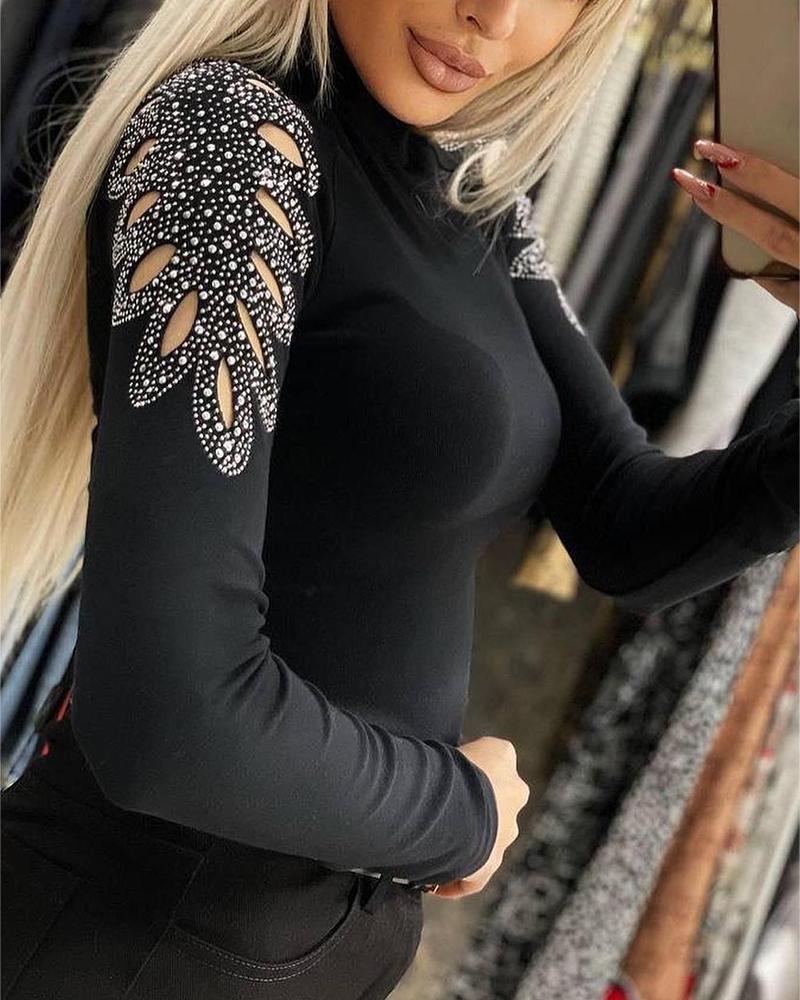

Rhinestone Decor Long Sleeve Top, Black