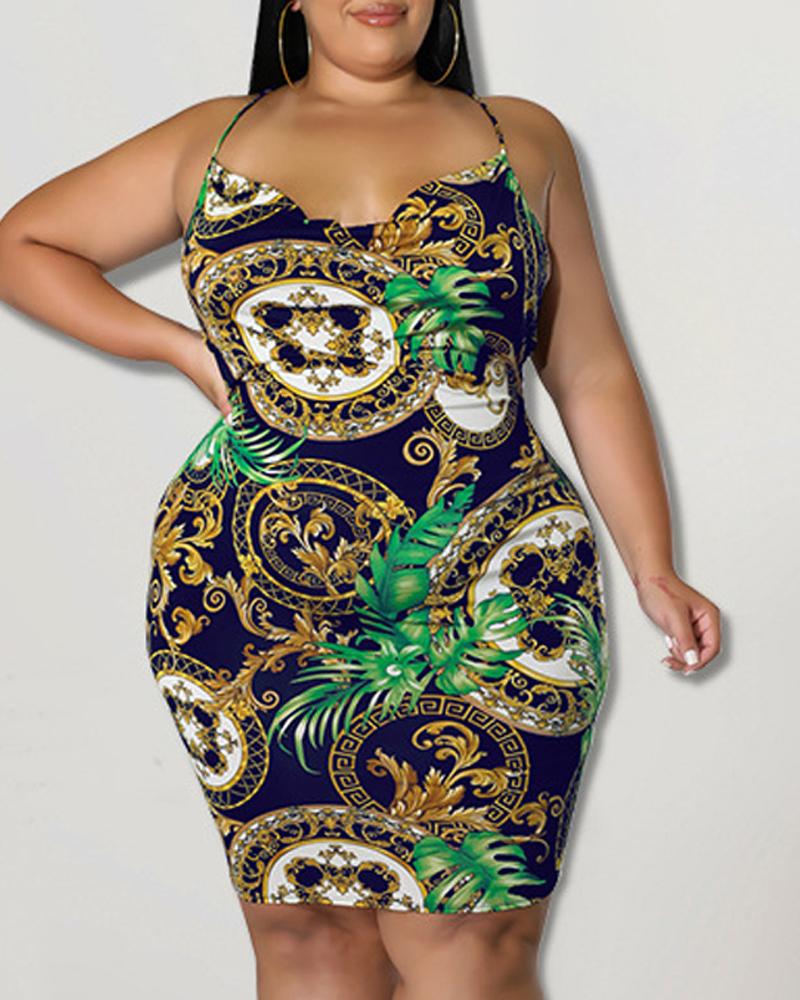 

Plus Size Baroque Print Crisscross Backless Bodycon Dress, Purplish blue