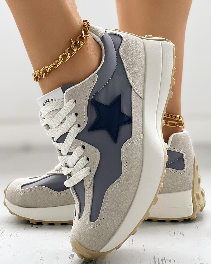 

Colorblock Star Pattern Lace-up Muffin Sneakers, Blue