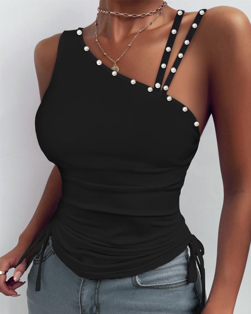 

One Shoulder Beaded Strap Plain Blouse, Black