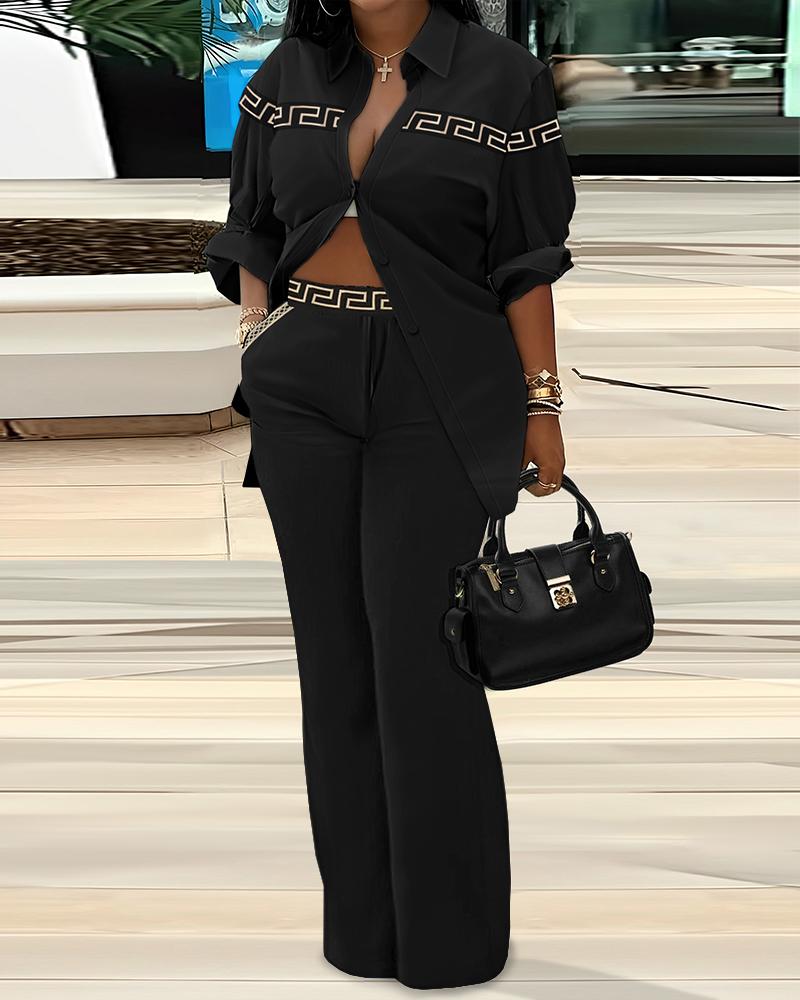 

Geometric Print Buttoned Shirt & Pants Set, Black