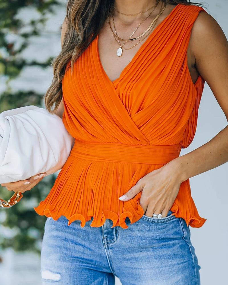 

Ruffle Frill Hem Thick Strap Plain Surplice Neck Top, Orange