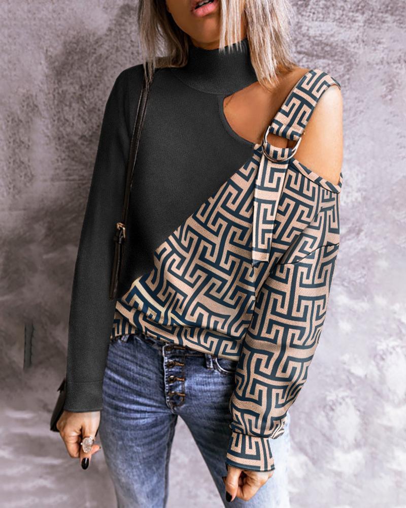 

Geo Print Buckle Detail Cold Shoulder Top, Black