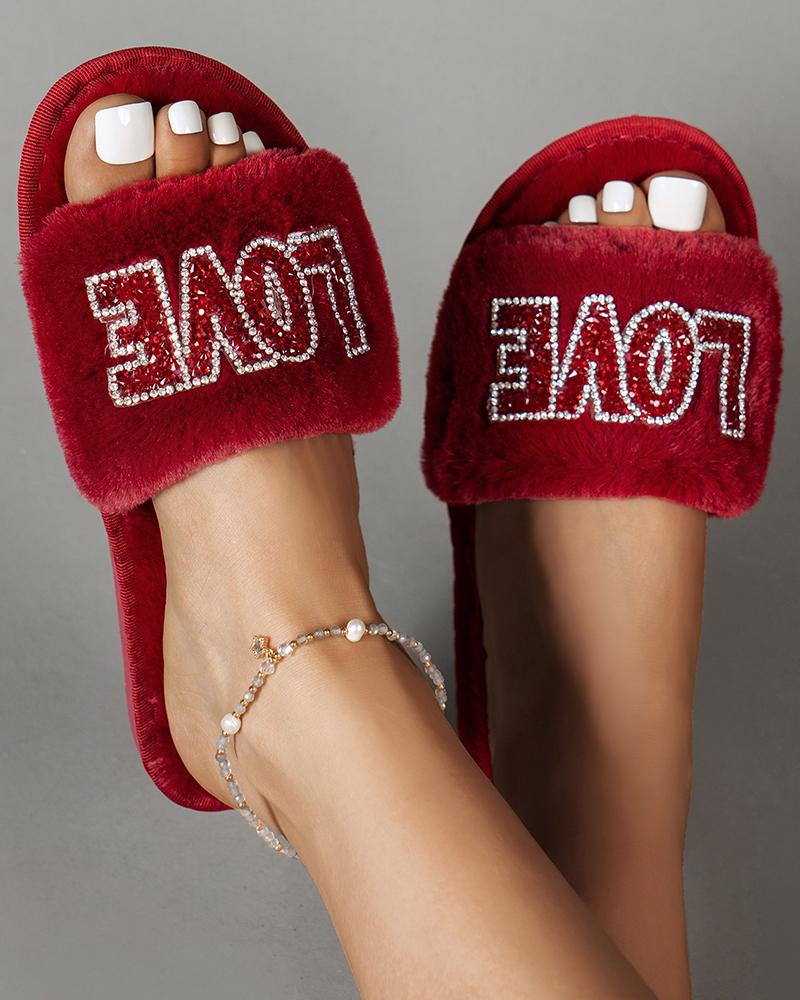 

Rhinestone Love Pattern One Strap Fuzzy Slippers, Wine red