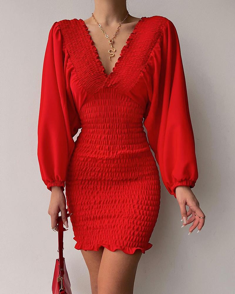 Lantern Sleeve Shirred Frill Hem Bodycon Dress